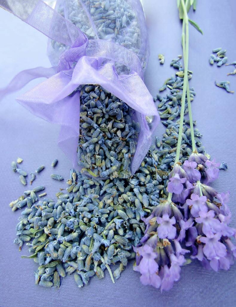 Sušená levandule v organzové látkové tašce a čerstvých květinách - Fotografie, Obrázek