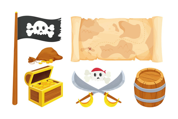 Pirate set with flag, skull and bones, gold coins, treasure with wooden chest and bag, crossed swords, spyglass and retro gun in cartoon style isolated on white background. - Vector, Image