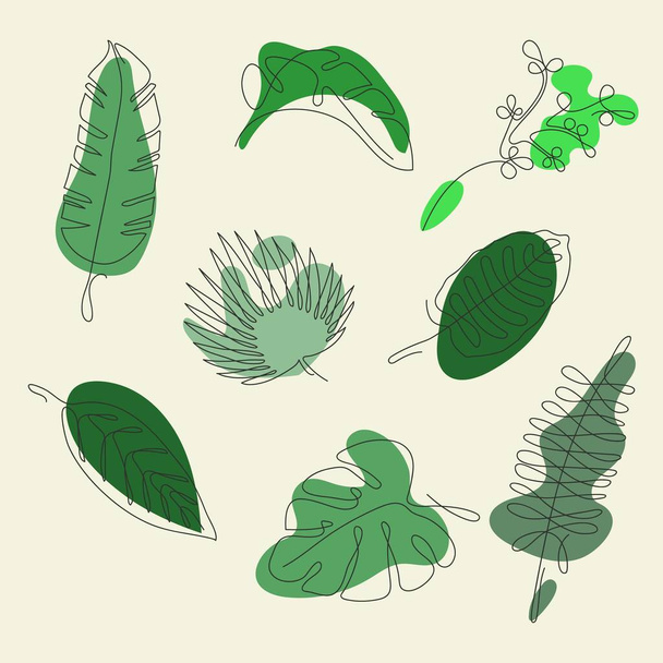 Conjunto de hojas tropicales, estilo de arte de línea, fondo de moda colorido. - Vector, imagen