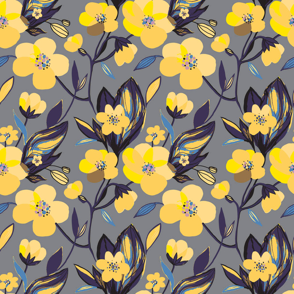 Flores amarillas florecientes dibujadas a mano patrón sin costuras. Botánico floral y hojas de fondo. Impresión vectorial, textura sobre fondo gris. - Vector, Imagen