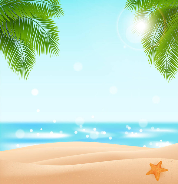 Playa libre para su diseño. Paisaje vectorial con un océano azul cielo, arenas doradas y hojas de palmeras - Vector, Imagen