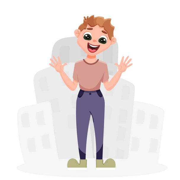 Teenager waving his hands on the background of the city - Vector, Image