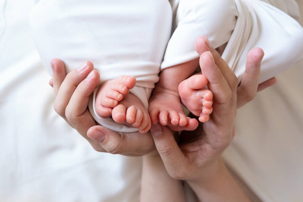 Mom and dad hands hold small legs of their two newborn twin babies. - Photo, Image