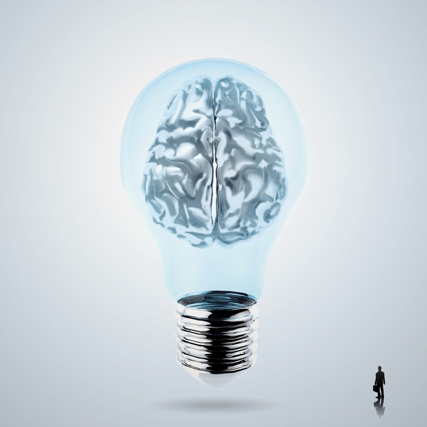 3D kovové lidský mozek v žárovka jako kreativní koncept - Fotografie, Obrázek