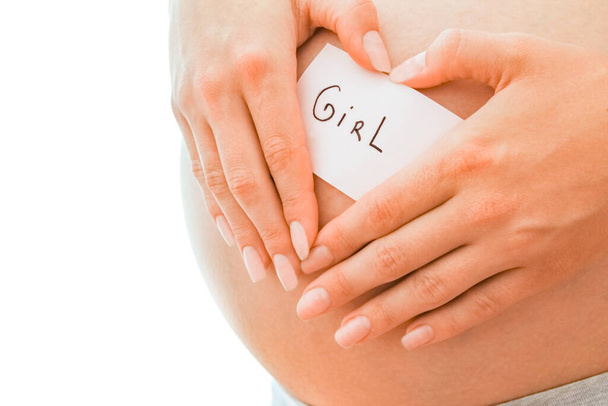 Menina grávida no fundo branco com adesivos - Foto, Imagem
