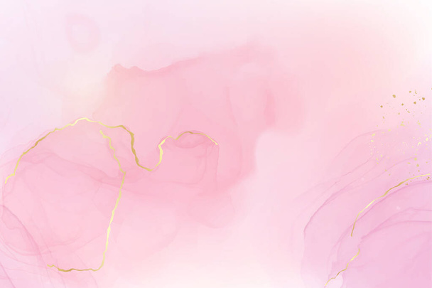 Astratto fondo acquerello rosa liquido con macchie dorate e linee. Inchiostro in marmo rosa pastello effetto alcool disegno con lamina d'oro. Modello di disegno illustrazione vettoriale per invito di nozze - Vettoriali, immagini