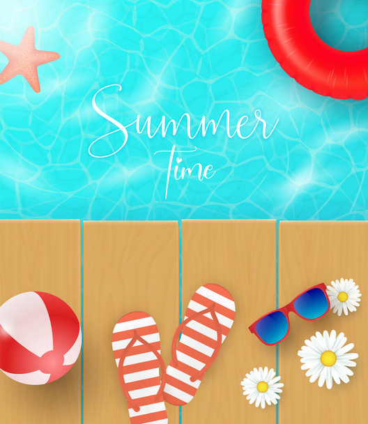 Concepto de diseño de banner vectorial de verano de madera de playa 3d con elementos de verano y globos en fondo azul marino. Ilustración vectorial. - Vector, Imagen