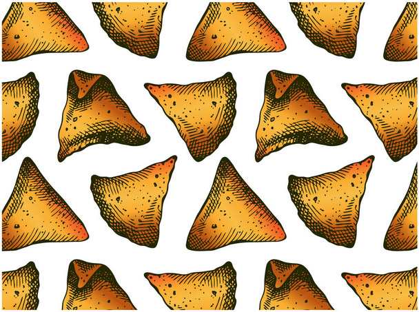 Outline tekening patroon met kleurrijke nacho 's geïsoleerd op witte achtergrond. Schets met de hand getekende maïs chips voor guacamole. Gegraveerd eten, cafe menu behang, lijn kunst snack. Vectorillustratie. - Vector, afbeelding