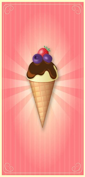 wallpaper for mobile in retro style with the image of ice cream in a waffle cup, poured with chocolate sauce and decorated with blueberries and strawberries. The background is delicate, pink - Вектор, зображення