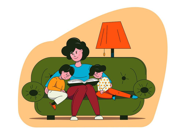 Rodina tráví volný čas doma. Babička čte knížku svým vnoučatům. - Vektor, obrázek
