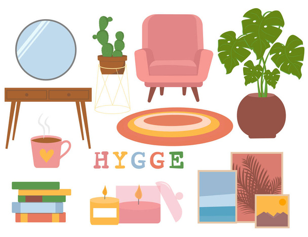 Set of hygge attributes, furniture and home decorations isolated on white background. Flat character, Cartoon style. - Vector, Image