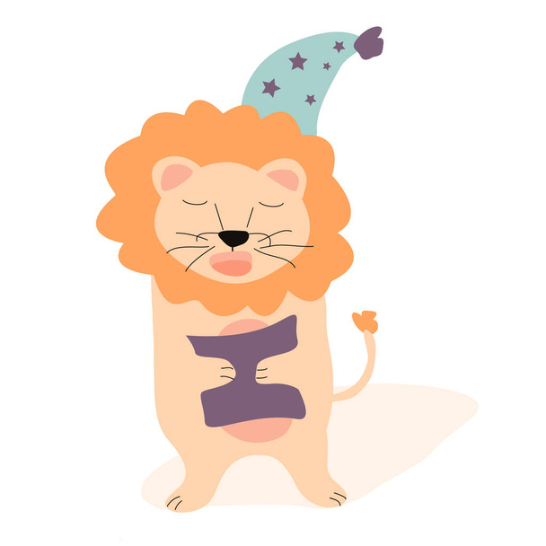 Hand drawn illustration of sleepy lion cub. Vector for nursery posters, childish prints, packages, games - Vector, Image