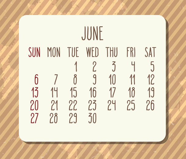 June year 2021 vector monthly calendar. Week starting from Sunday. Vintage brown stripes distressed design. - ベクター画像
