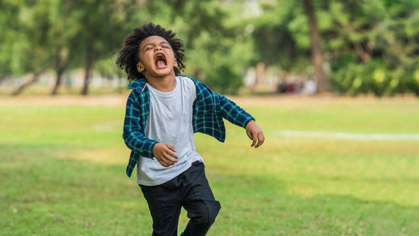 mixed race african and asian boy having fun playing in park during summer - Foto, Imagen