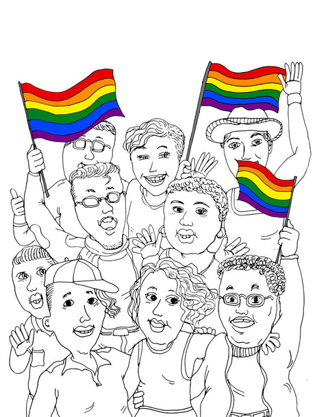 Eşcinsel Gurur 'u eşcinsel gökkuşağı bayraklarıyla kutlayan bir grup genç yetişkin insan eşitlik, çeşitlilik, sevgi özgürlüğü, arkadaşlık, birliktelik ve toplum içinde birleşmenin sembolü olarak gösteriyorlar.. - Fotoğraf, Görsel