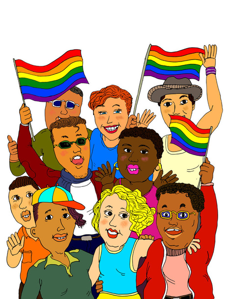 Un groupe de jeunes adultes LGBTQ célébrant la Gay Pride avec des drapeaux arc-en-ciel gay comme symbole d'égalité, de diversité, de liberté d'amour, d'amitié, de solidarité et unis en communauté. - Photo, image