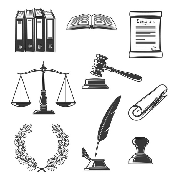 Notary, justice and court, judge power and authority icons. Vector law book, scales of justice and seal, wreath with oak leaves, judge gavel and testament parchment, quill feather and inkwell - Vector, Image
