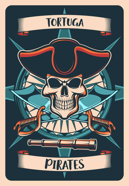 Пиратский геральдический плакат или отпечаток футболки. Векторная винтажная открытка с черепом в шапке-ушанке, розой ветра и скрещенными саблями со шпильками и свернутыми шляпами. Дизайн футболки с Jolly Роджер, tortuga пиратов - Вектор,изображение