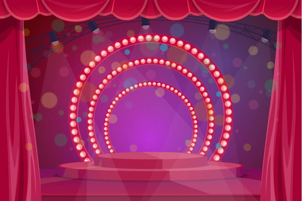 Театр, цирк или сцена концертного зала с подиумом, декорациями и красными занавесками. Церемония награждения вектором мультфильма, презентация или живая сцена спектакля, подсвеченные неоновые круглые прожекторы платформы - Вектор,изображение