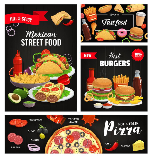 Fast food burgers and pizza banners, mexican street food restaurant menu cover. Tacos, enchiladas and tortilla nachos chips, hamburger, hot dog and burrito, quesadilla, french fries and soda, donuts - Vector, Image