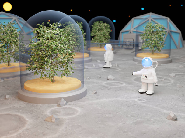 3D-Bildanlage im All, Erdpflanzen im Gewächshaus mit Außerirdischen, Galaxie, Weltraumforschung, Besiedlung des neuen Planeten - 3D-Render - Foto, Bild