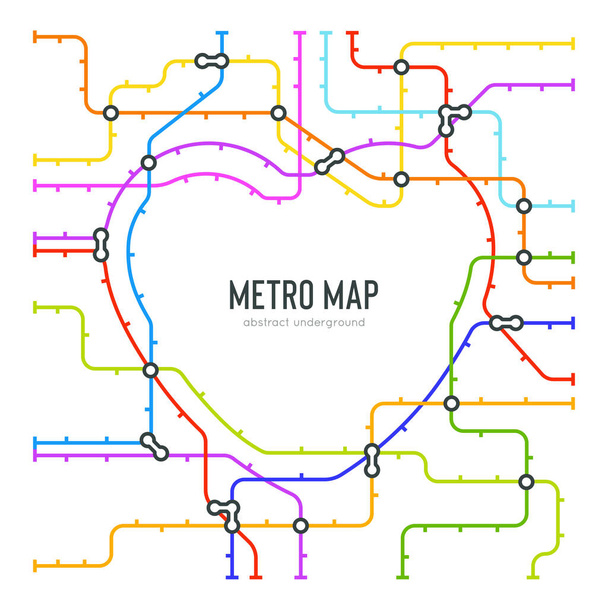 Abstracte metrokaart in de vorm van hart. Vector metro ondergrondse regeling. Stadsvervoer diagram concept. Kleurrijke metro reis voor poster design - Vector, afbeelding