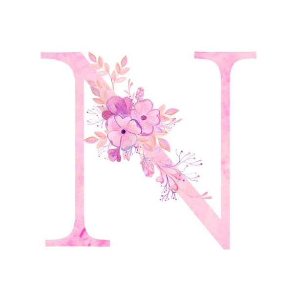 Ροζ γράμματα με λουλούδια. Ρομαντικό, λεπτή γραμματοσειρά ακουαρέλα. - Φωτογραφία, εικόνα