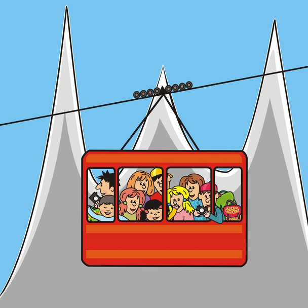 teleférico, teleférico rojo, multitud de personas en la cabina, ilustración divertida vector - Vector, Imagen