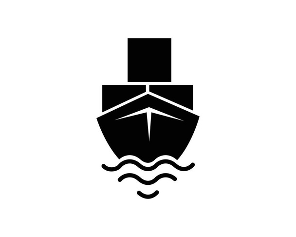 İthalat ihracat ticareti için lojistik gemi siyah renkli okyanus düz tasarım tarzı logo illüstrasyonu üzerinde yelken açıyor. - Vektör, Görsel