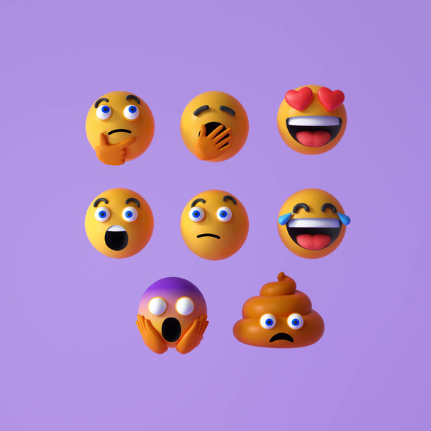 Set van realistische Emoji of emoticon gezichten pictogram. Zwevende Emoji 's of emoticons met verrassing, grappig, en lachen geïsoleerd op paarse achtergrond. 3d illustratie weergeven. - Foto, afbeelding