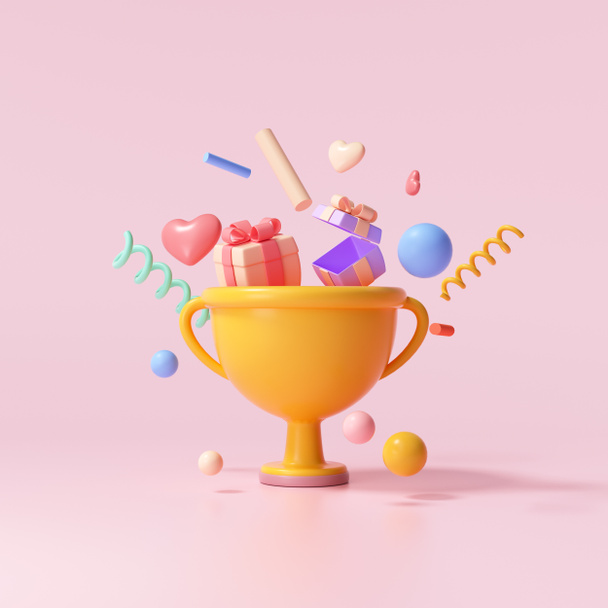 3D Trophy Cup mit schwimmendem Geschenk, Herz, Band und geometrischen Formen auf rosa Hintergrund, Feier, Sieger, Champion und Belohnungskonzept. 3D-Darstellung - Foto, Bild