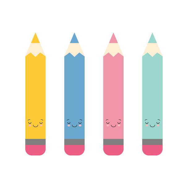 Illustration de bande dessinée d'un ensemble de crayons de couleur mignons isolés sur fond blanc - Vecteur, image