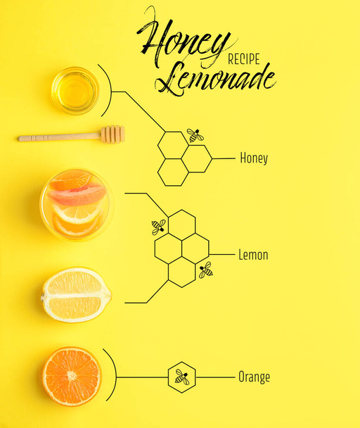 Glass of tasty cold lemonade and ingredients on color background - Foto, Imagem