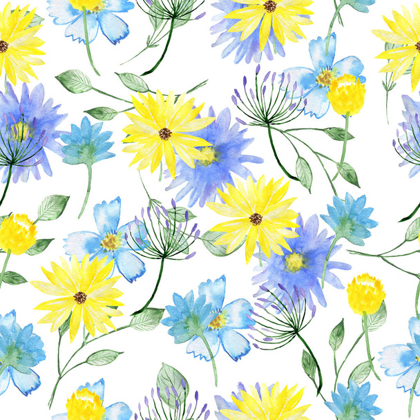 Seamless floral pattern. Watercolor background with flowers. Colorful flowers. Illustration for fabric and wrapping paper. - Fotografie, Obrázek