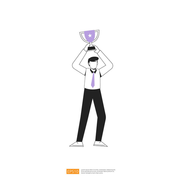 üzletember vagy fiatal férfi munkás karakter ünnepli siker pózol kupa trófea kézzel gesztus lapos stílus elszigetelt vektor illusztráció - Vektor, kép