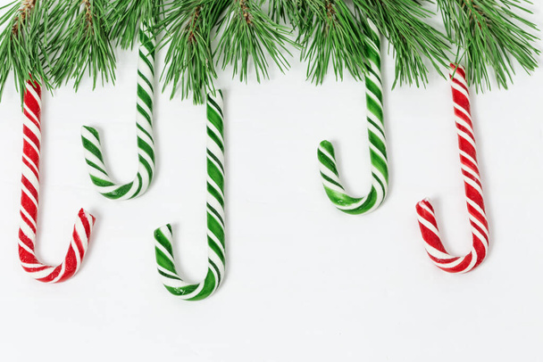 Red and green candy canes with Christmas tree on white concrete background. Holiday concept. Xmas theme. - Фото, изображение