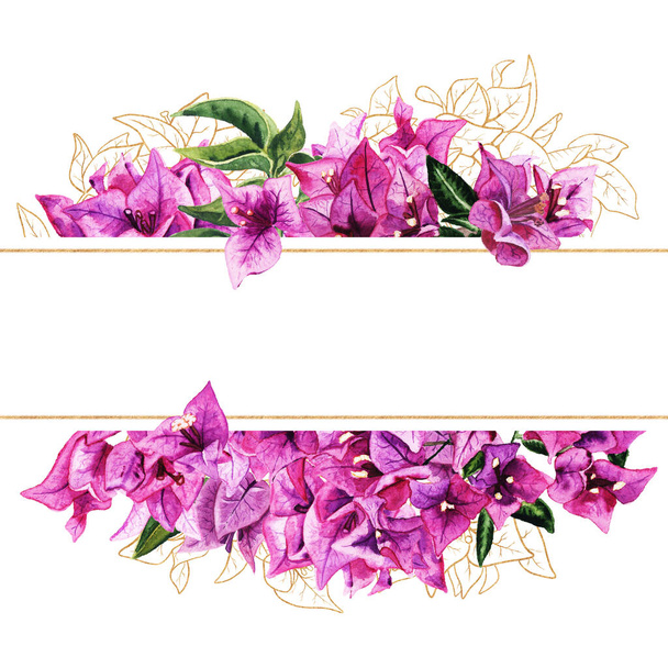 Frame with watercolor and golden bougainvillea flowers - Fotó, kép