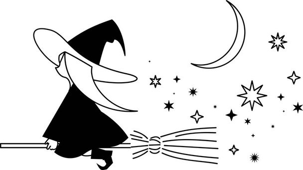 Hexe fliegt mit einem Besen in den Nachthimmel - Vektor, Bild