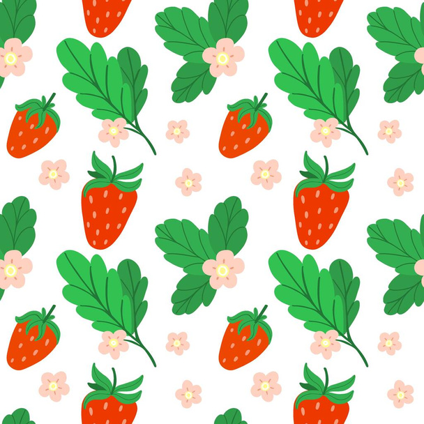 Strawberry seamless pattern. Hand drawn fresh forest or garden berry. Whole juicy berries, bush with green leaves doodle summer element. Decor textile, wrapping paper wallpaper vector print or fabric - Vektori, kuva