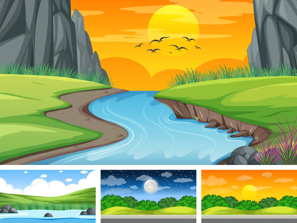 Cuatro escenarios diferentes de parque natural e ilustración forestal - Vector, imagen