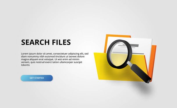3d open folder contains file document with magnifying glass for auditing and analysis investigating and business with white background - Vector, Image