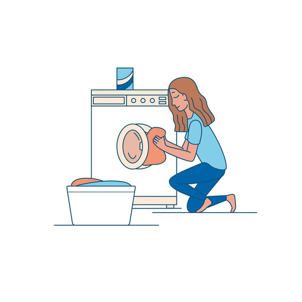 Kız çamaşırları çamaşır makinesine yüklüyor. Vektör illüstrasyonu - Vektör, Görsel