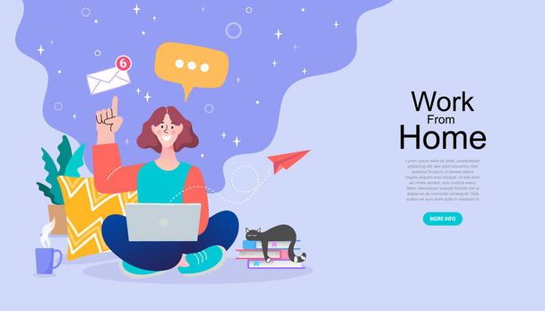 A woman is sitting on the floor with a laptop. Cute vector illustration in flat style. Lady working at home, stay at home. people quarantine in lockdown. Social distancing.  - Vector, Image