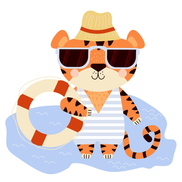Um tigre giro. Personagem listrado engraçado na praia em óculos de sol, um chapéu, um maiô e uma bóia de salvação em uma pata em um fundo azul. Ilustração vetorial. Para design, impressão e decoração  - Vetor, Imagem