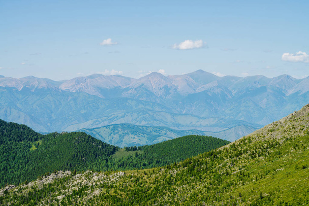 Landschappelijk uitzicht op groene bosheuvels en lange bergketen onder de blauwe hemel. Geweldige minimalistische alpine landschap van uitgestrekte gebieden. Prachtige levendige hoogland landschap met grote bergen en bos. - Foto, afbeelding