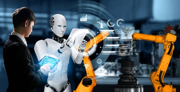 Robô da indústria mecanizada e trabalhador humano trabalhando juntos na fábrica futura - Foto, Imagem
