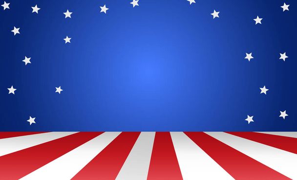 木製のステージ上のアメリカの国旗の背景、米国のシンボル、バナー、カード、広告、プロモーション、テレビCM 、広告、ウェブデザイン、ポスター、ベクトルイラストのテンプレート  - ベクター画像