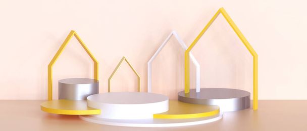 сцена на трибуне. продемонстрировать геометрические формы цилиндров с дизайном для концепции баннера на желтом. пространство для копирования - 3d рендеринг - Фото, изображение