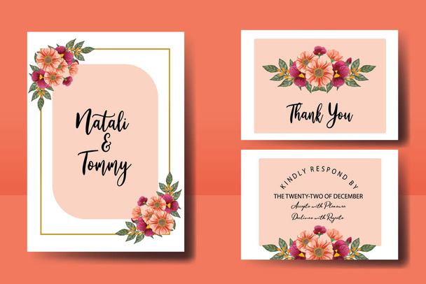 モダンなウェディング招待枠セット、花水彩手描きの美しい花のデザイン招待状カードテンプレート - ベクター画像