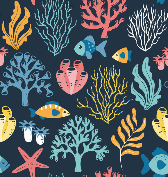 Nahtloses Korallenriff-Muster. Sealife Hintergrundkonzept. Bunte handgezeichnete Illustration. Tiefblauer Hintergrund,  - Vektor, Bild